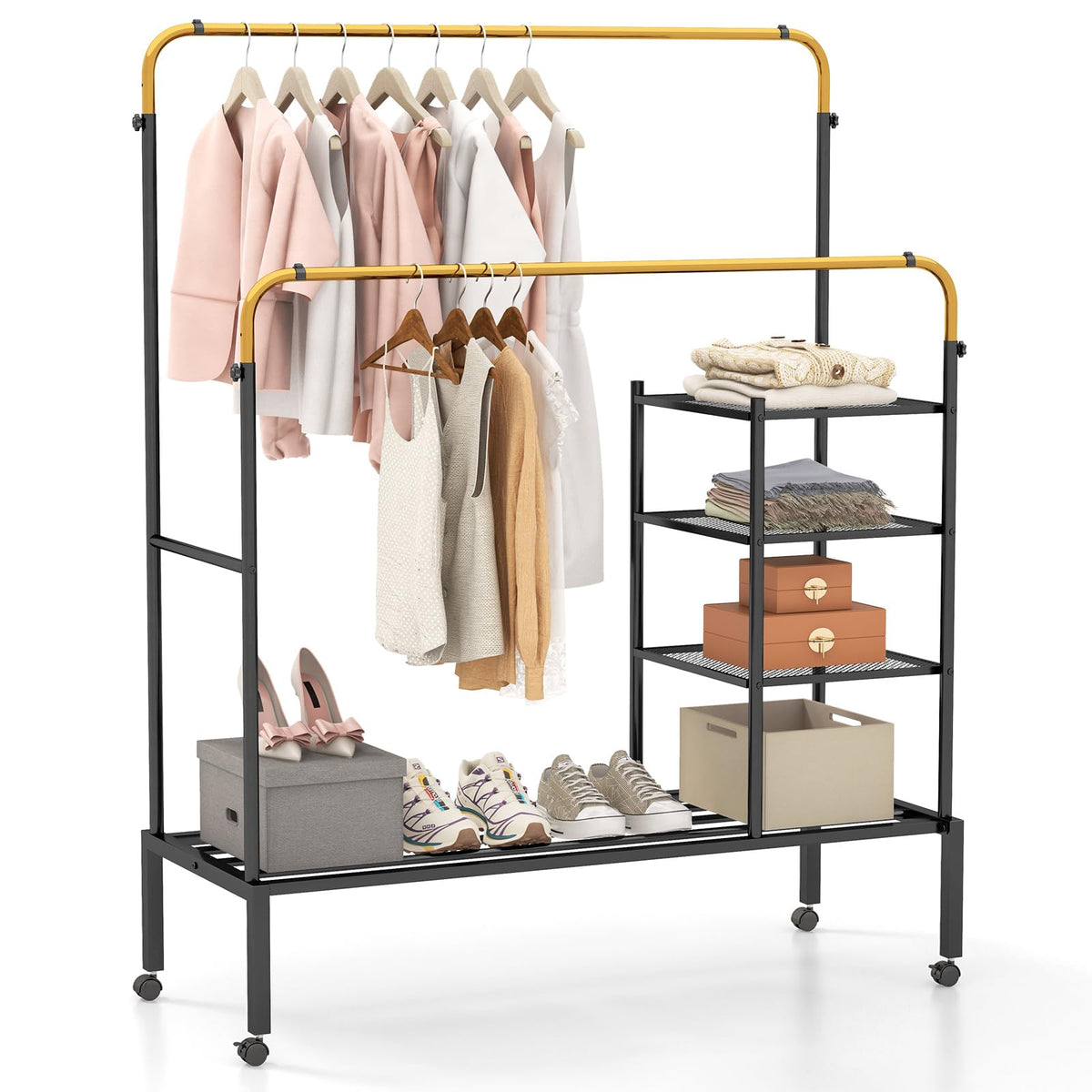 Goflame Double Rods Garment Rack with Wheels, Clothing Rack w/ 2 Hanging Height Adjustable Rods, Side Mesh Racks