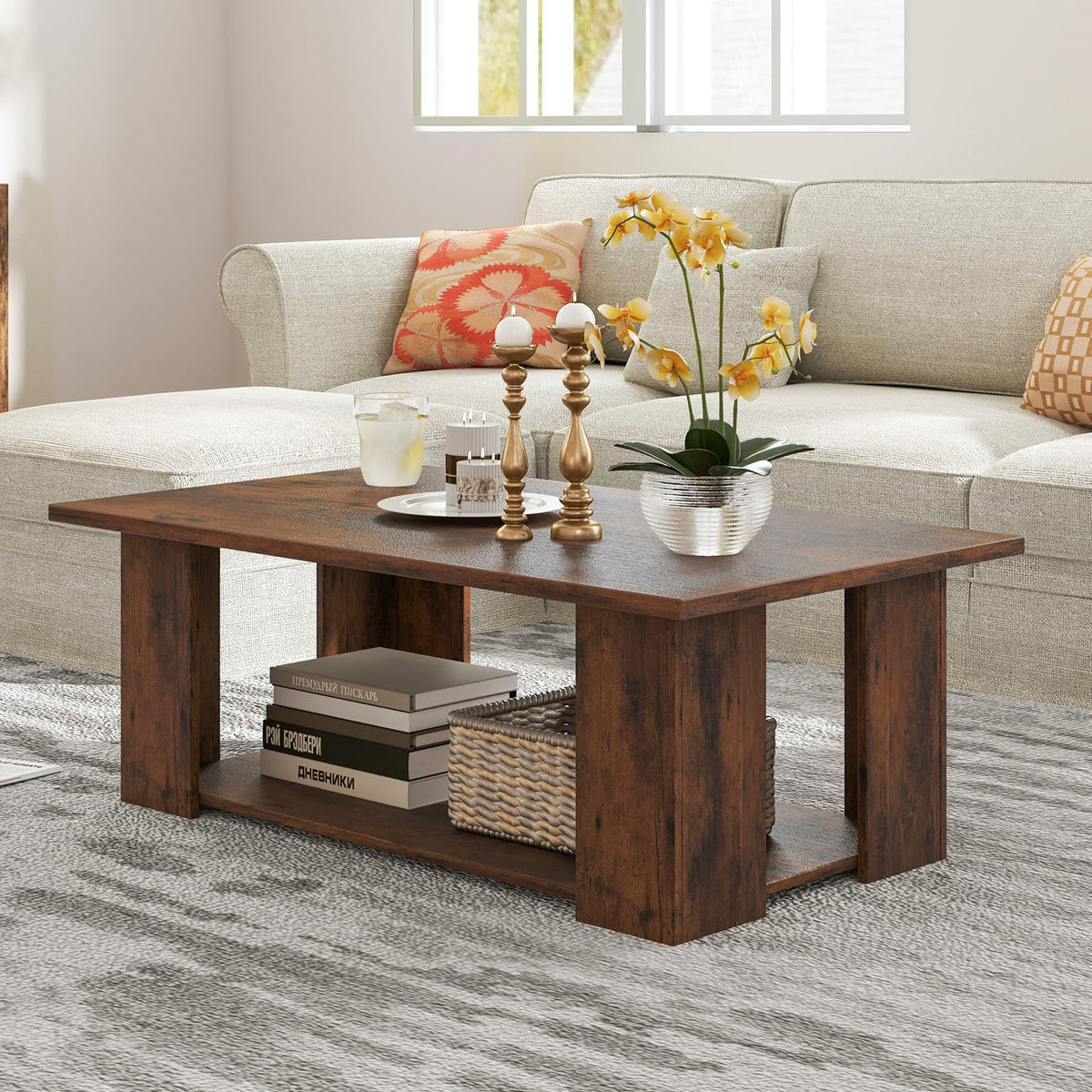 Goflame Rectangle Wood Center Table, 41" L 2-Tier Large Modern Tea Table w/Open Compartment