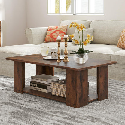 Goflame Rectangle Wood Center Table, 41" L 2-Tier Large Modern Tea Table w/Open Compartment