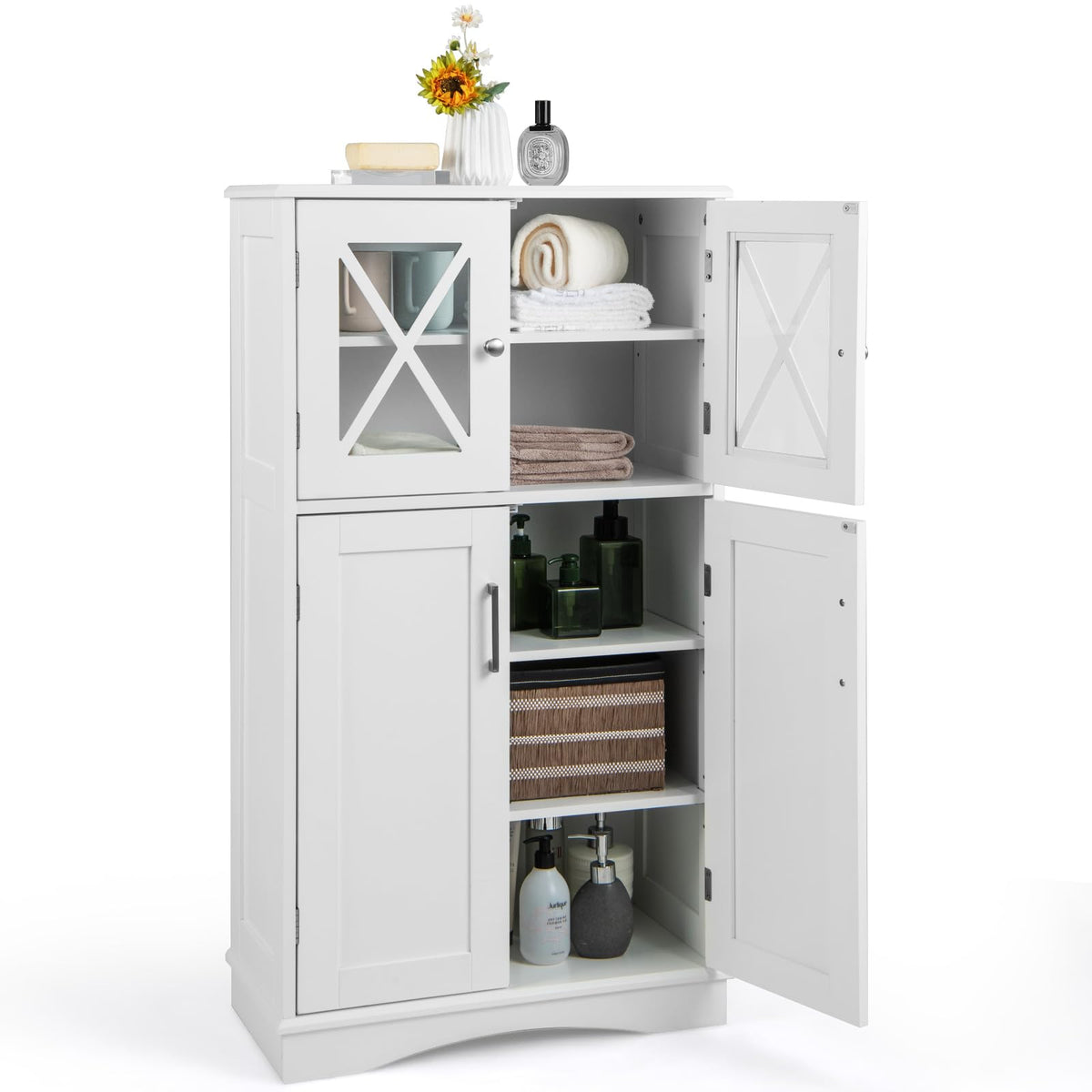 Goflame Bathroom Floor Storage Cabinet - Linen Floor Cabinet with Doors and Adjustable Shelves
