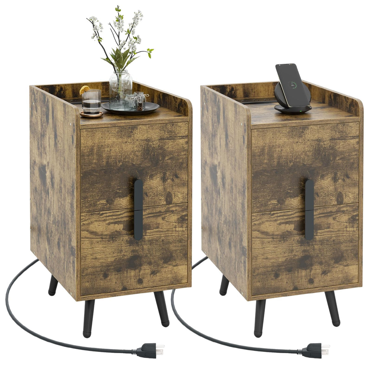 Goflame Nightstand with Charging Station, Narrow End Table with 2 Drawers & Metal Gold Legs