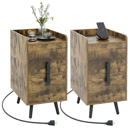 Goflame Nightstand with Charging Station, Narrow End Table with 2 Drawers & Metal Gold Legs
