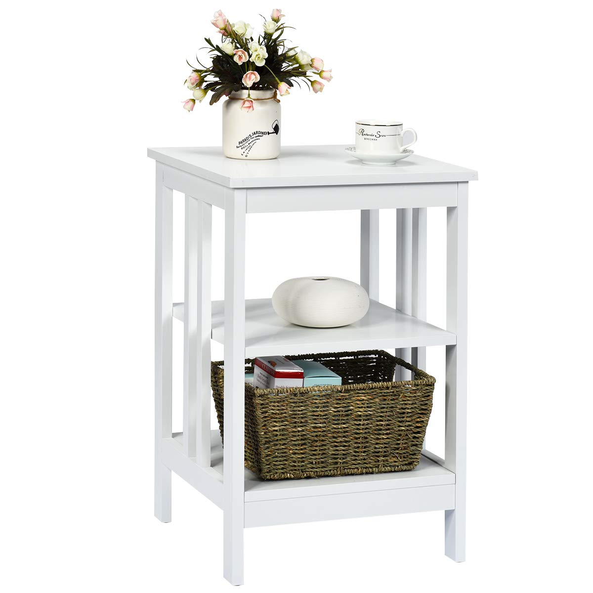 Goflame Nightstand 3-Tier Sofa Side Table W/Reinforced Bars and Stable Structure