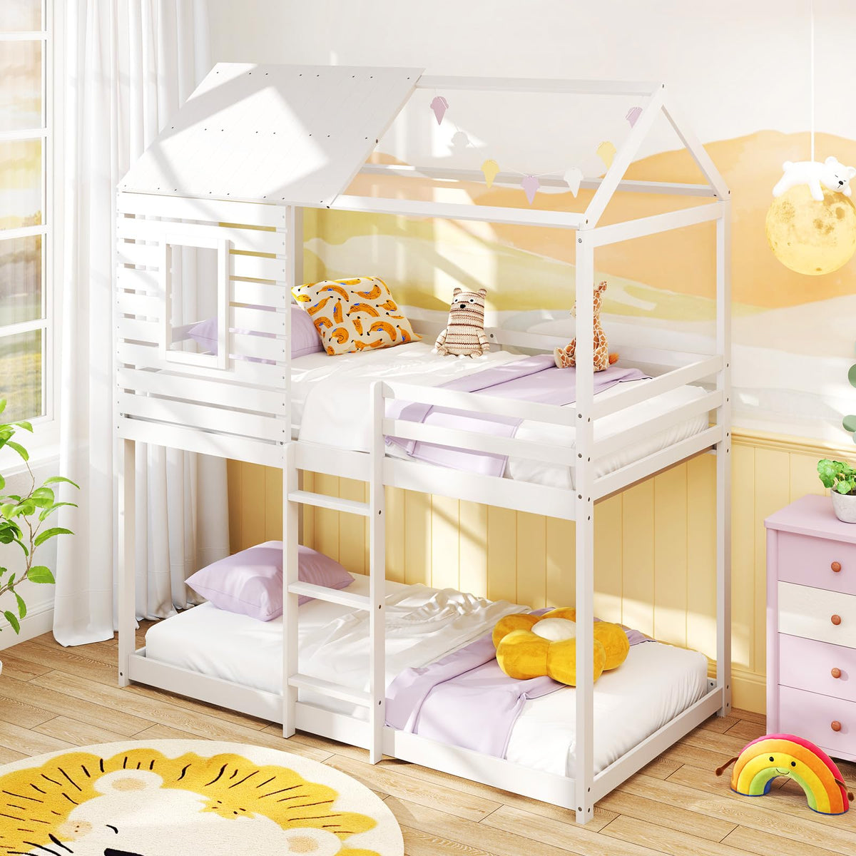 Goflame White Wood Bunk Bed Twin Over Twin with Ladder and Guardrail