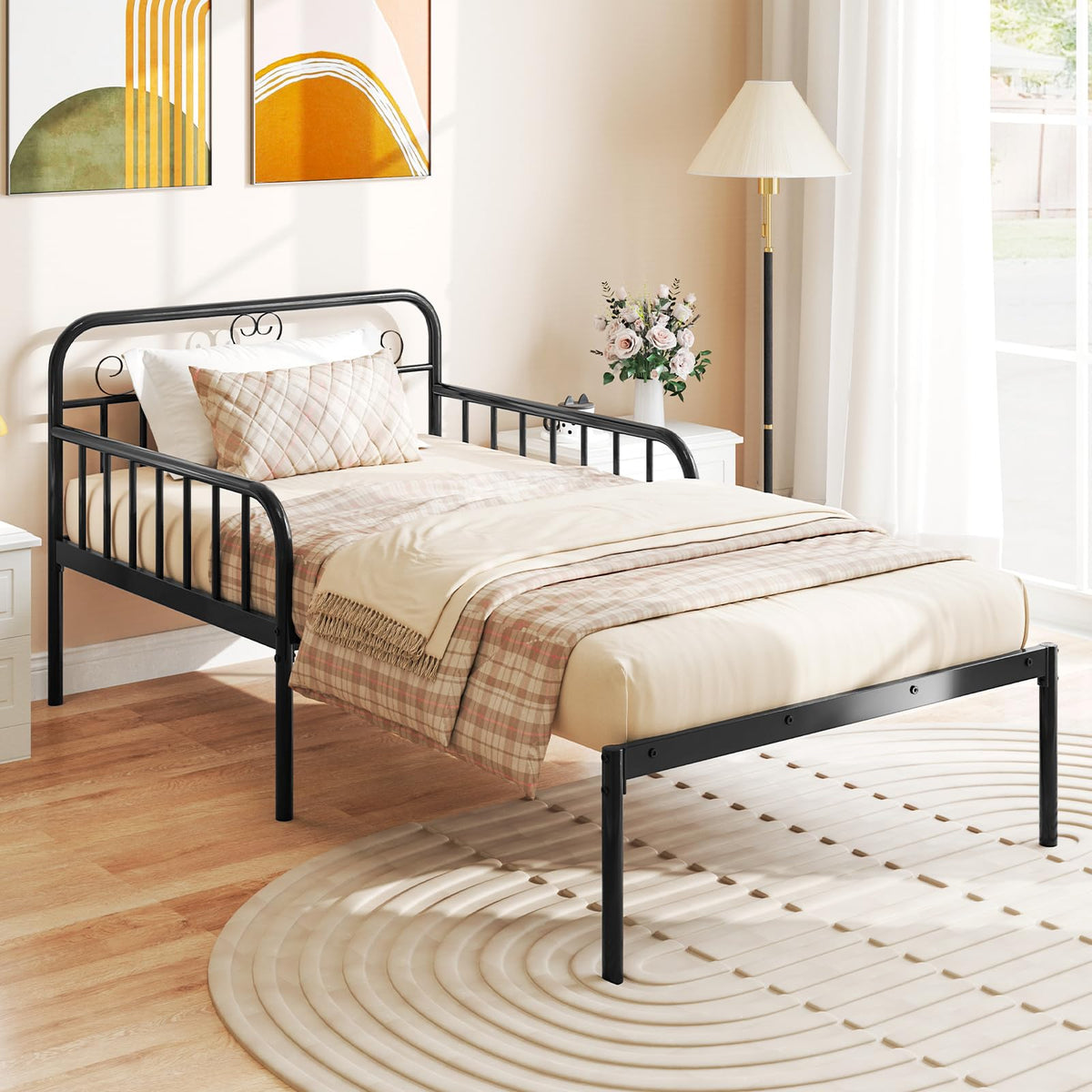 Goflame Metal Twin Bed Frame, Convertible Sofa Bed with Headboard & Armrests, Pull-Out Sleeper Chair Bed