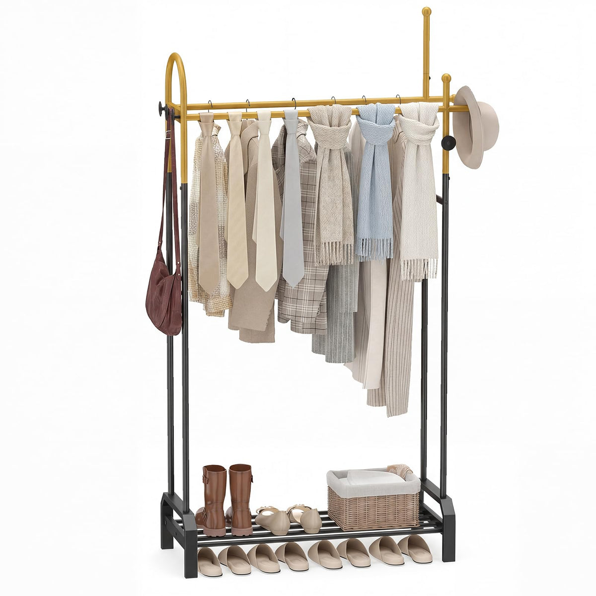 Goflame Double Rod Freestanding Clothes Rack with 5 Coat Hooks