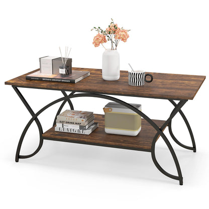 Industrial Coffee Table, 2-Tier Rectangular Center Table with Storage Shelf