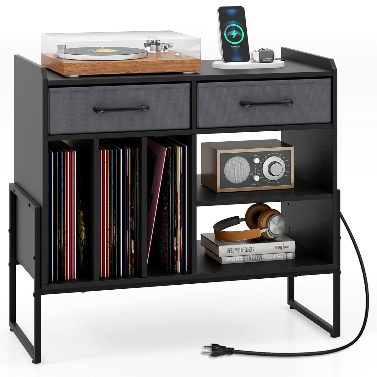 Goflame Large Record Player Stand with Charging Station Mid Century Modern Vinyl Storage Cabinet