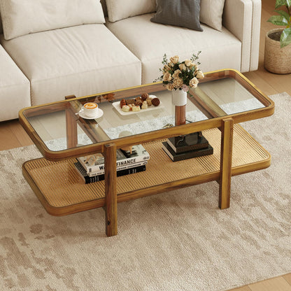 Goflame Rattan Coffee Table, 47.5" Rectangle Solid Wood Tea Table w/Tempered Glass Tabletop