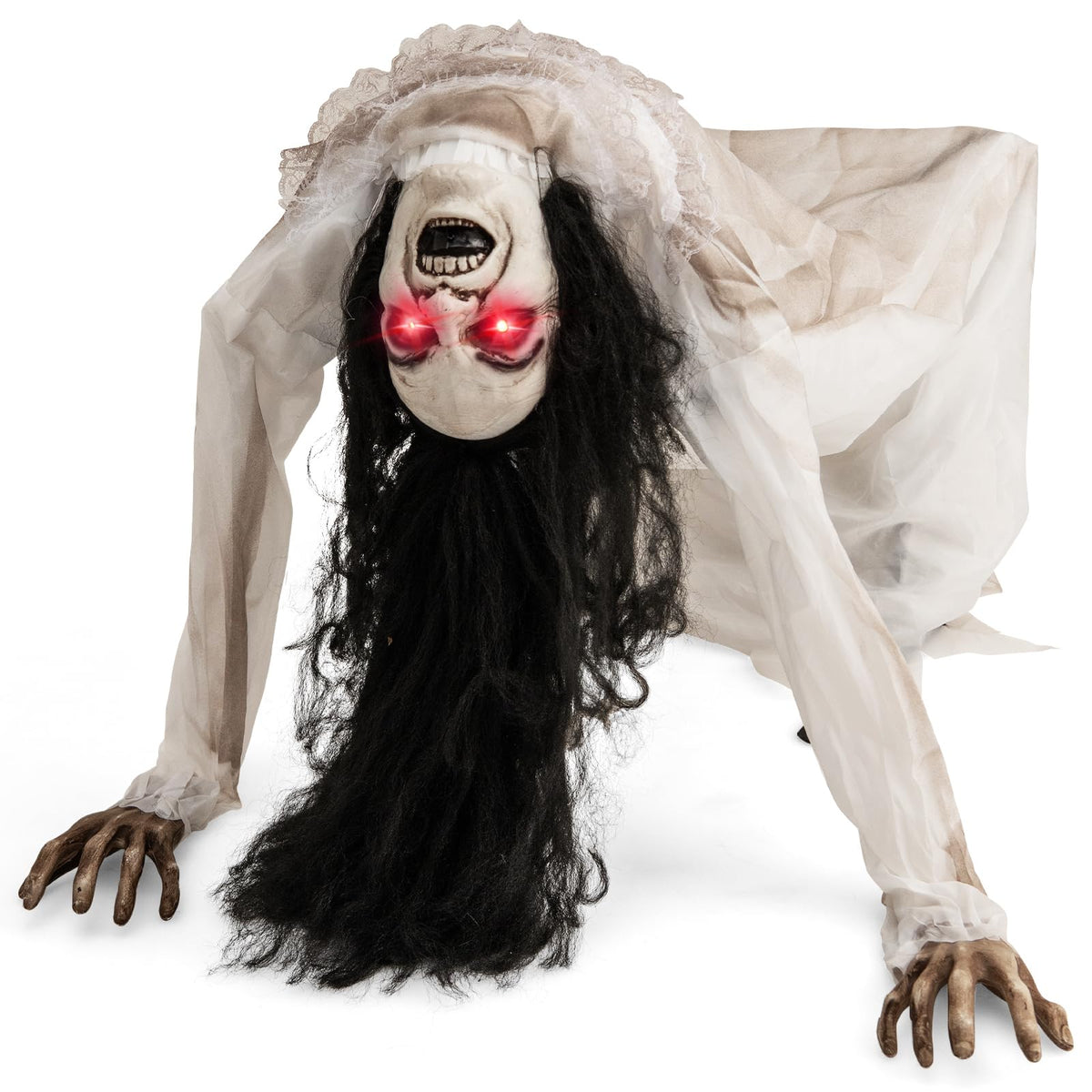 Lighted and Animated Halloween Decoration, Animatronic Crawling Woman w/ LED Eyes, Indoor Outdoor Halloween Ghost