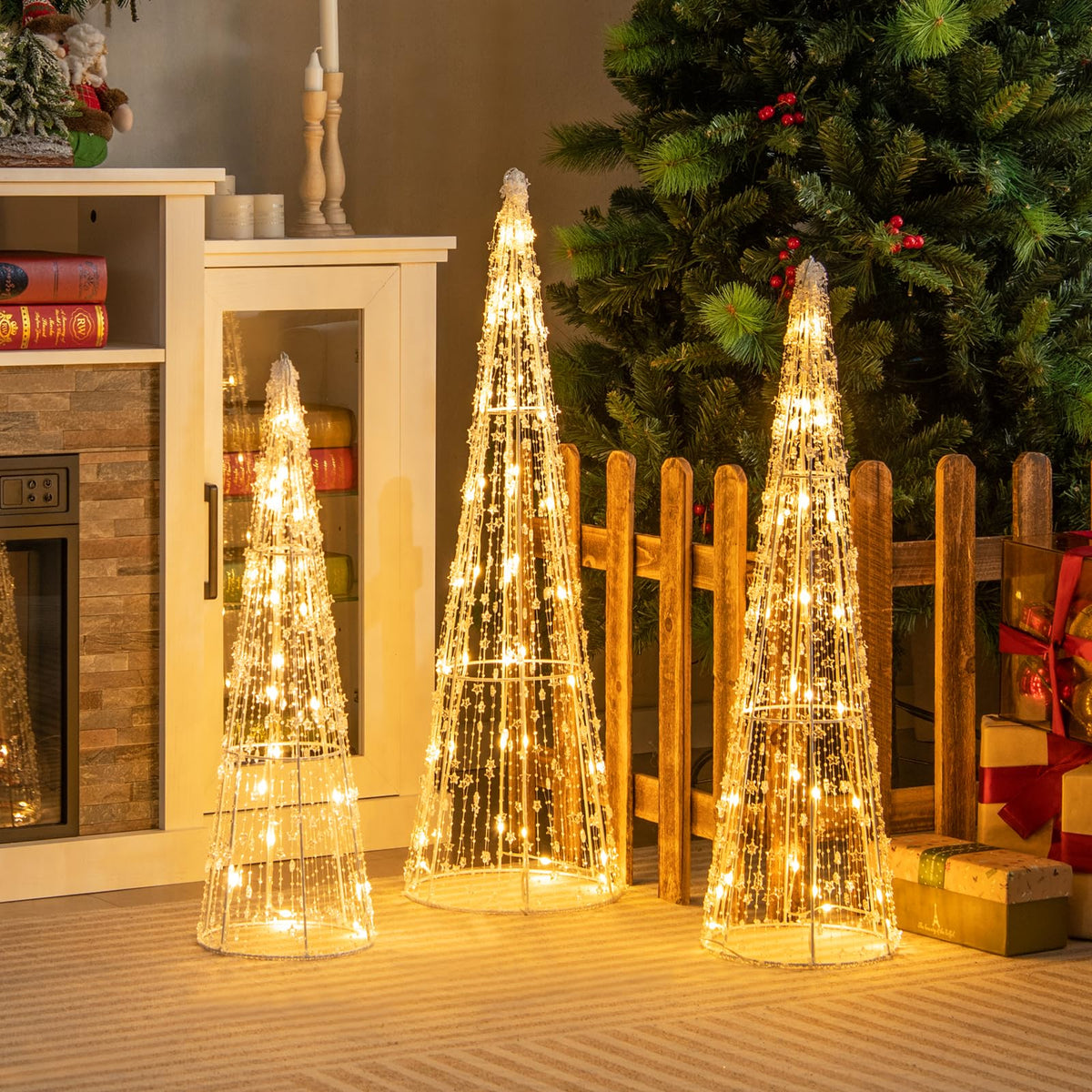 GOFLAME Set of 3 Lighted Christmas Cone Trees