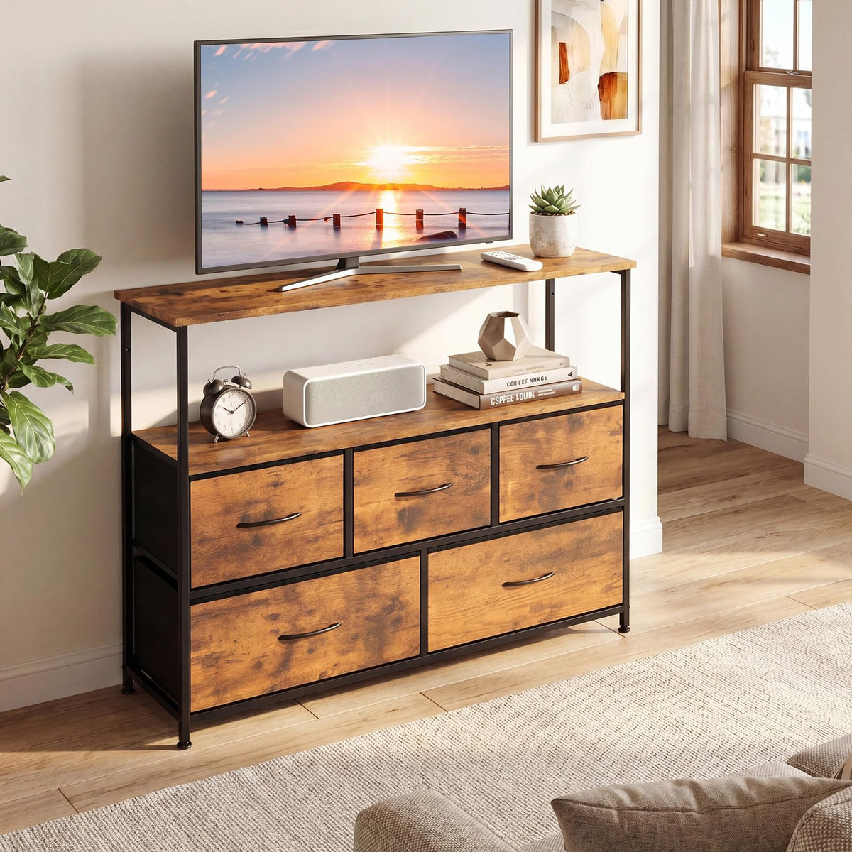 Goflame TV Stand for 45 Inch TV | 5 Fabric Drawer Entertainment Center with Open Shelf