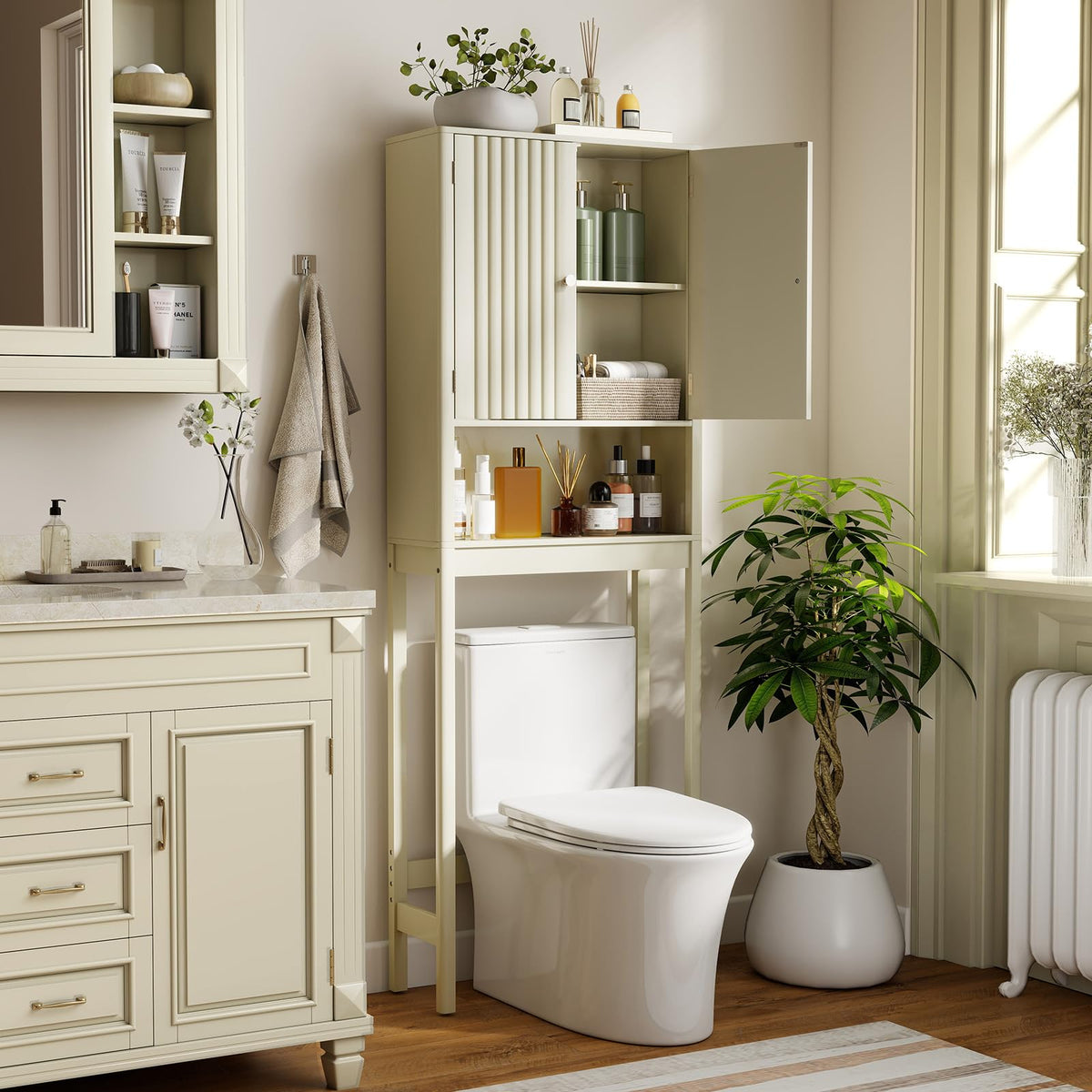 Goflame Over The Toilet Storage Cabinet with Fluted Doors