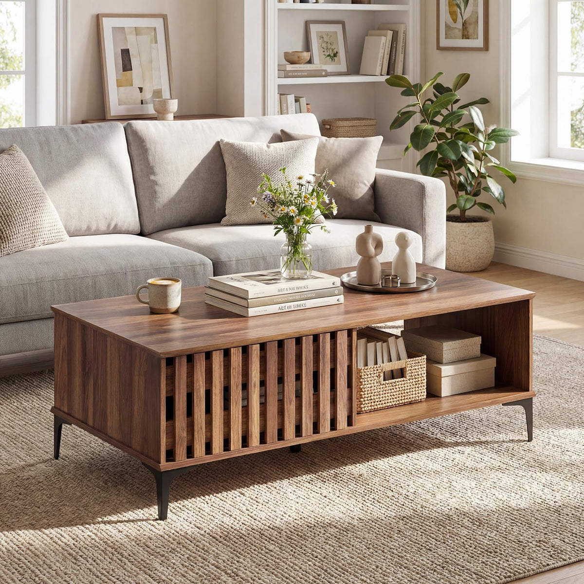 Goflame 47 Inch Wood Mid Century Coffee Table with Storage