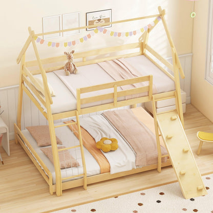 Goflame Twin Over Queen Bunk Bed, Wood House Bunk Bed for Kids with Climbing Nets and Ramp