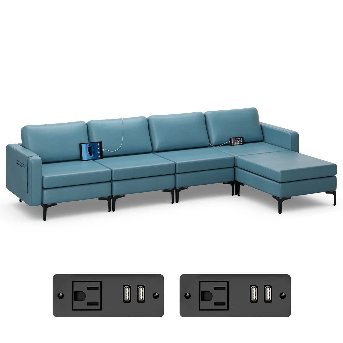 Goflame 4 Seat Convertible Sofa Couch, 123" L Sectional Sleeper with 2 or 1 USB Ports Socket
