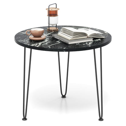 Goflame Round Coffee Table, Faux Marble Center Table with Metal Legs, Sofa Accent Side Table