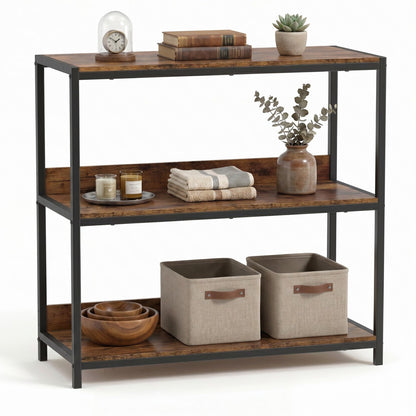 Goflame Industrial 3-Tier Small Bookshelf with Wooden Shelves and Metal Frame