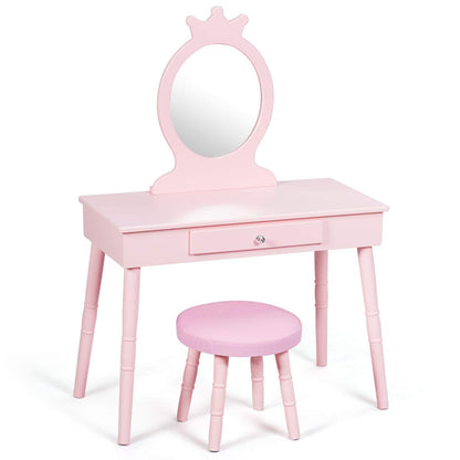 Kids Vanity Set, Princess Dressing Table Set, Wooden Dresser, Little Girls Makeup Table and Stool Set