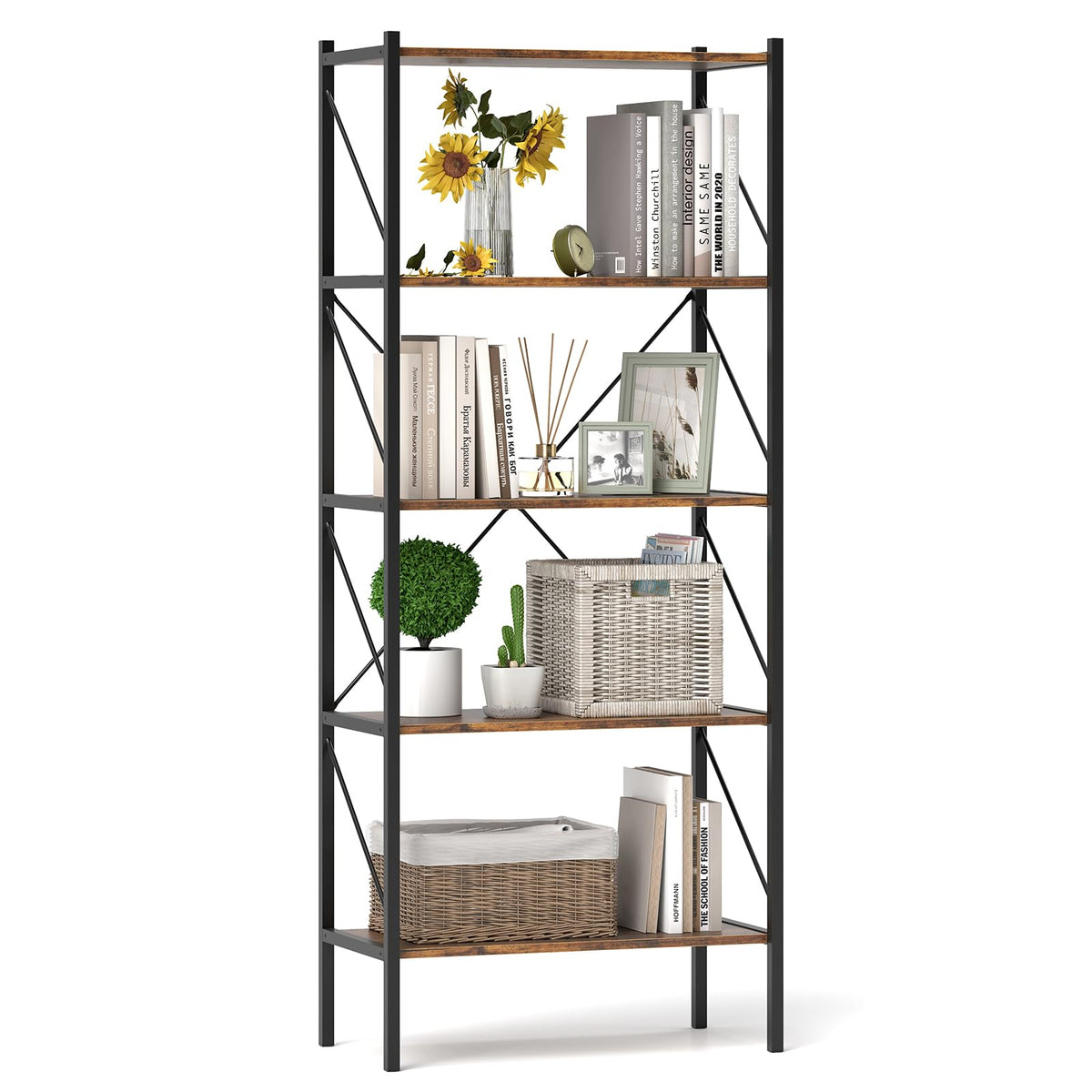 Goflame 5-Tier Bookshelf, Industrial Tall Bookcase with Open Storage Shelves & Heavy Duty Metal Frame