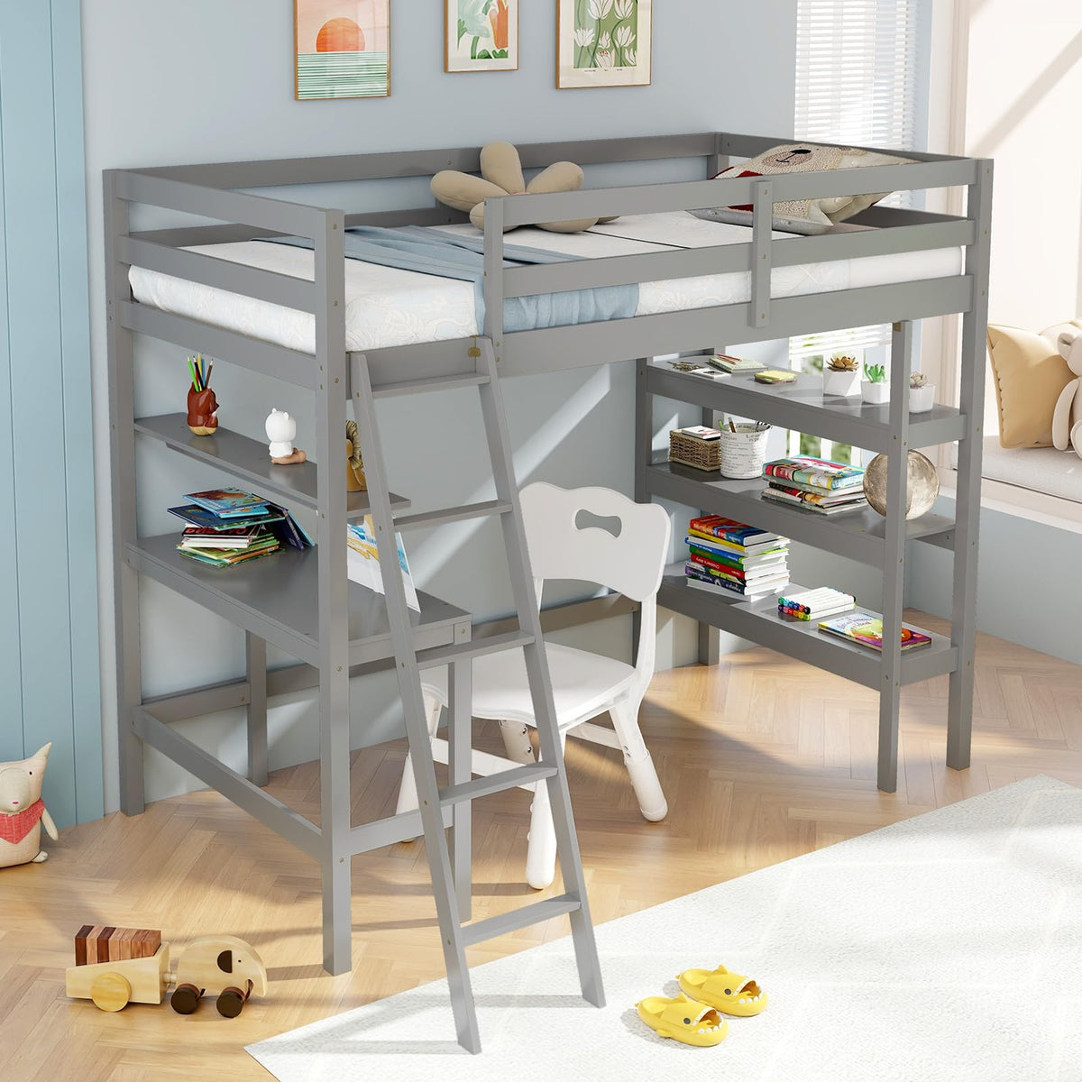 Goflame Loft Bed with Desk & Bookshelves