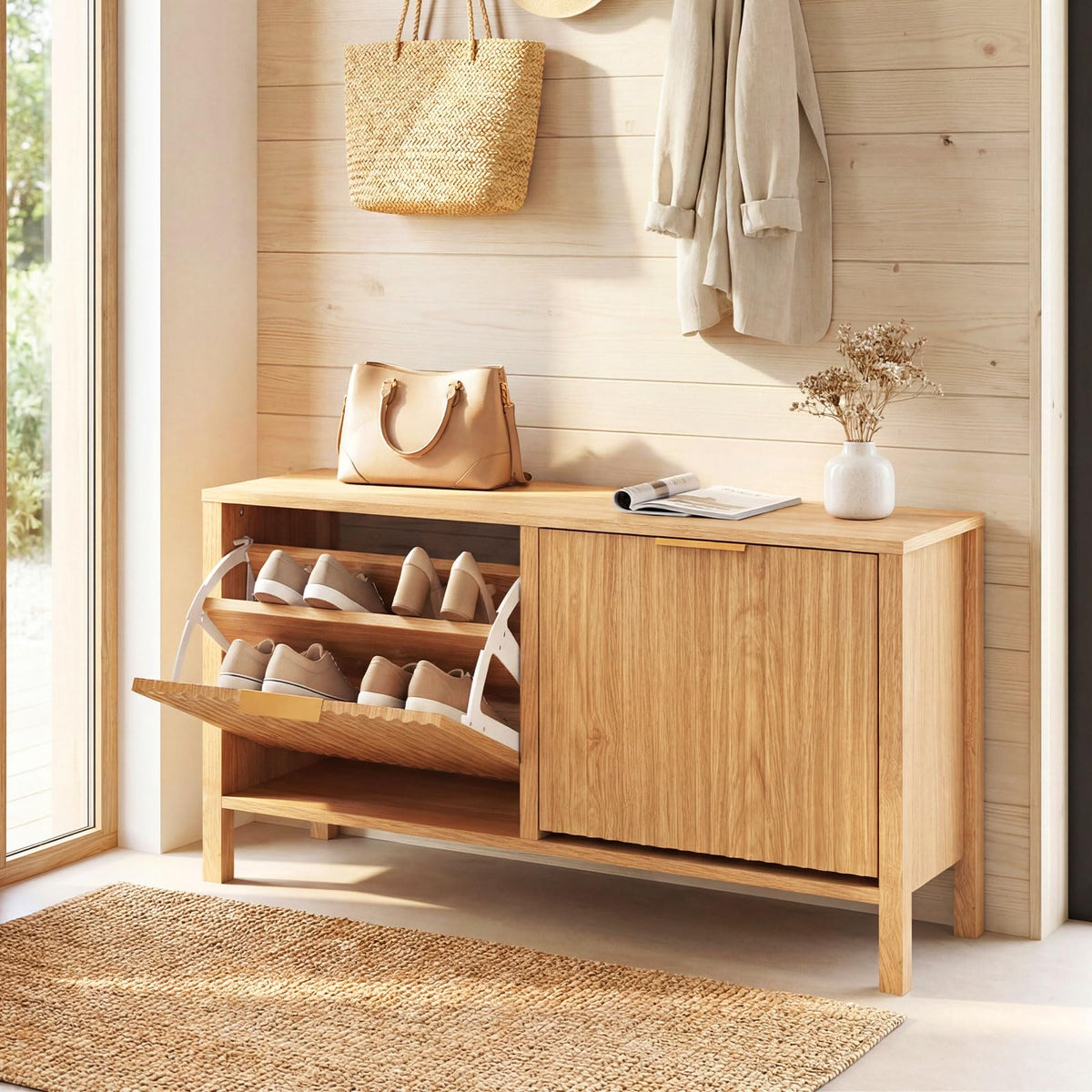 Goflame Shoe Storage Bench with 2 Flip Drawers for Entry Way