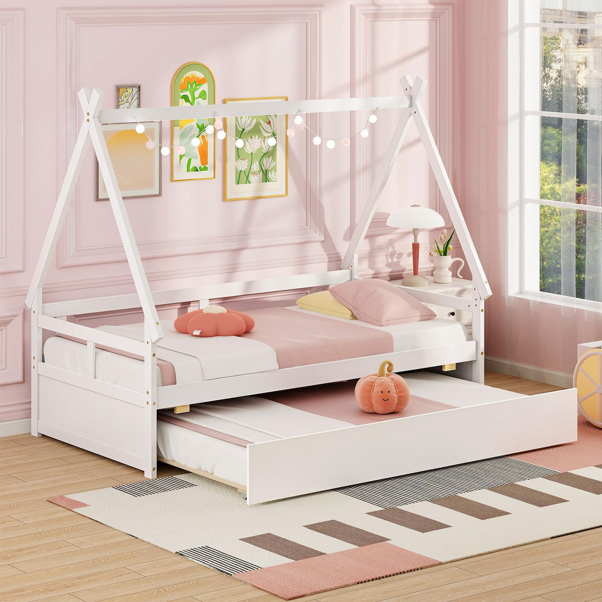 Goflame Twin House Bed with Trundle, Wood Montessori Tent Bed Frame with Safety Guardrail