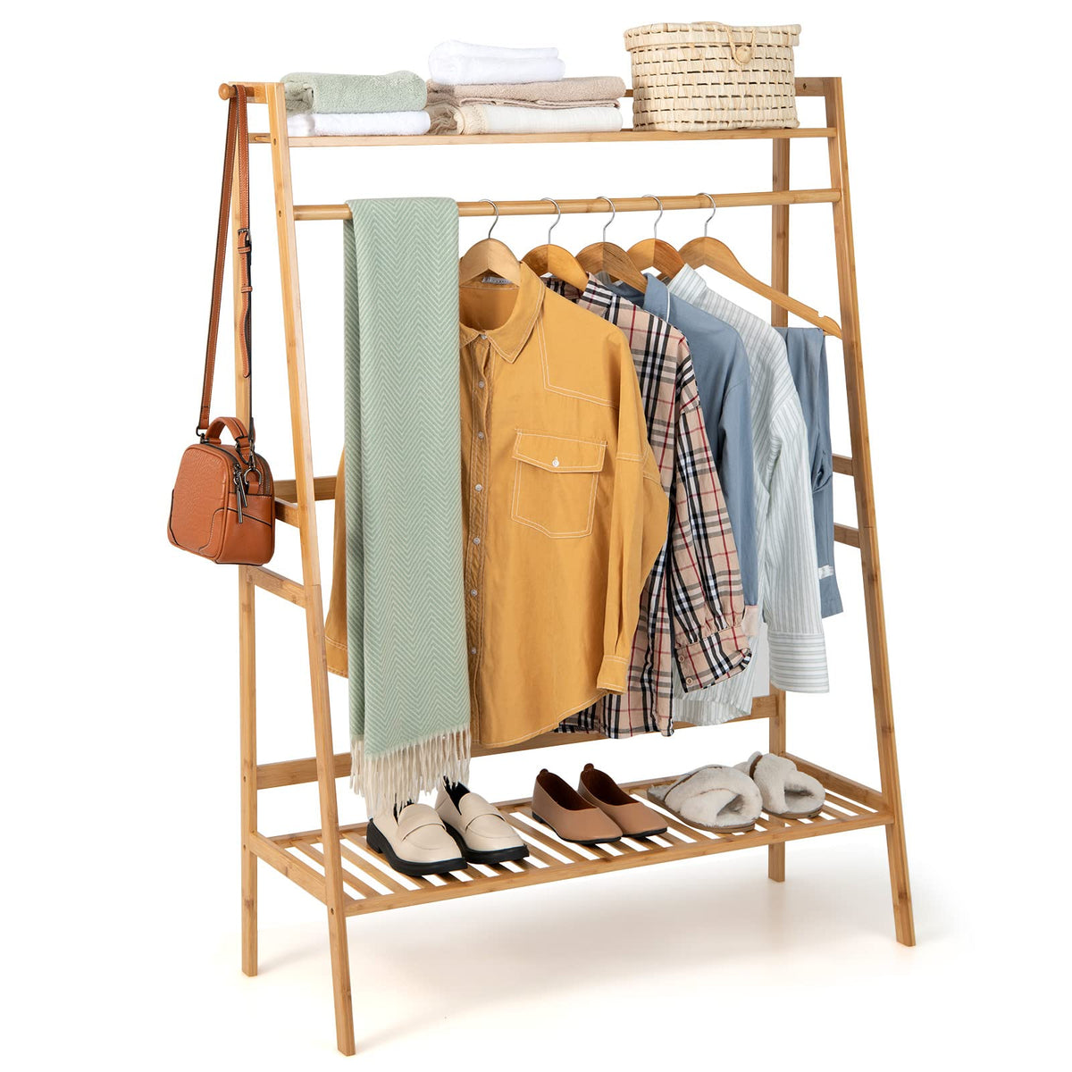 Goflame 3 Tier Bamboo Clothing Rack with Shelves, Heavy Duty Freestanding Clothes Organizer Rack with Coat Hooks