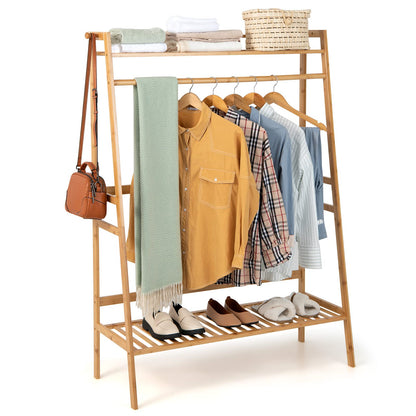 Goflame 3 Tier Bamboo Clothing Rack with Shelves, Heavy Duty Freestanding Clothes Organizer Rack with Coat Hooks