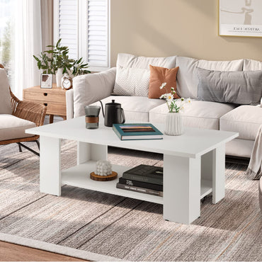 Goflame Wood Coffee Table w/Storage Shelf, 36"L 2-Tier Large Modern Tea Table, White