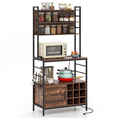 Goflame Bakers Rack with Power Outlet, 67” Microwave Stand with Storage Cabinet, Spice Rack