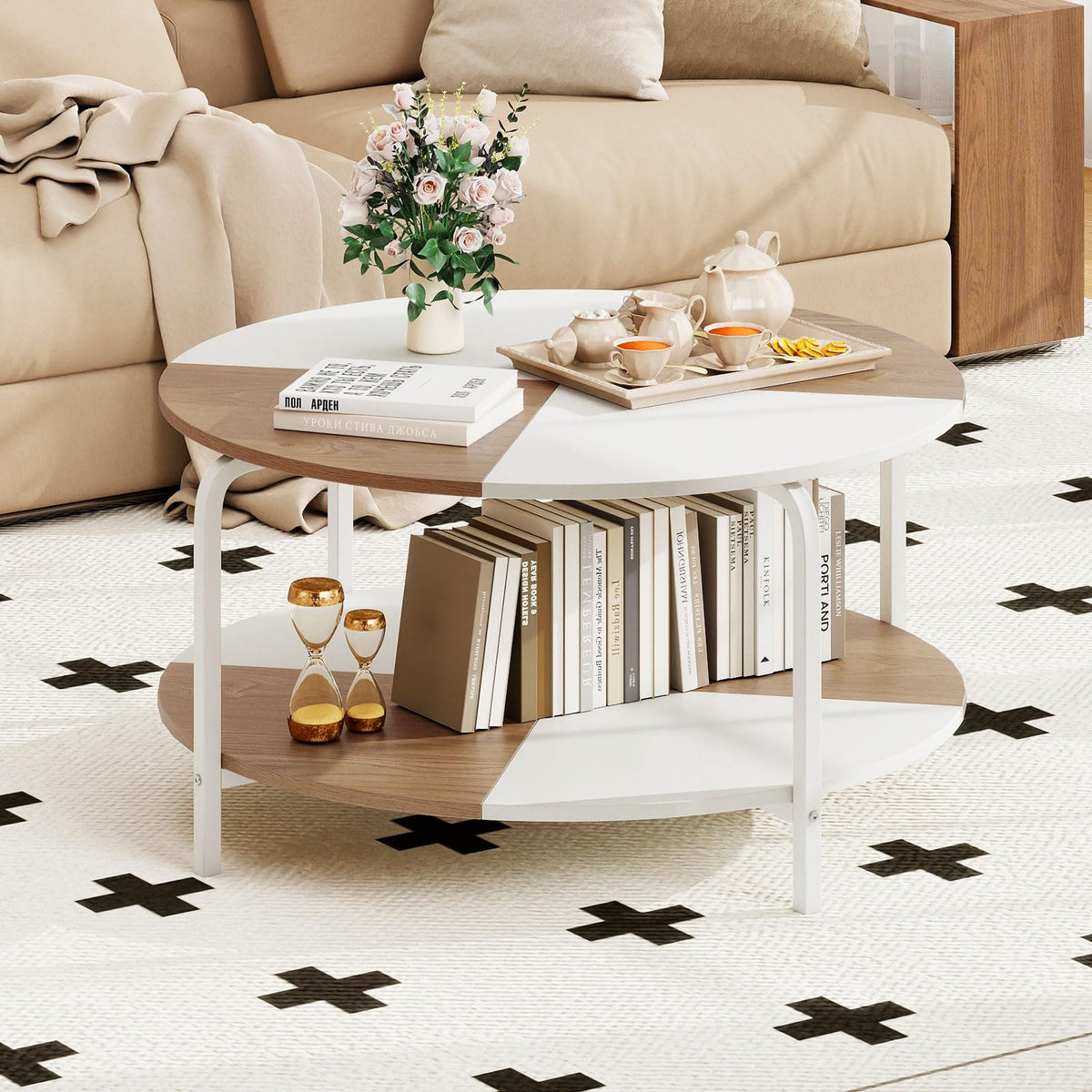 Goflame Round Coffee Table 2-Tier Center Table with Open Storage Shelf