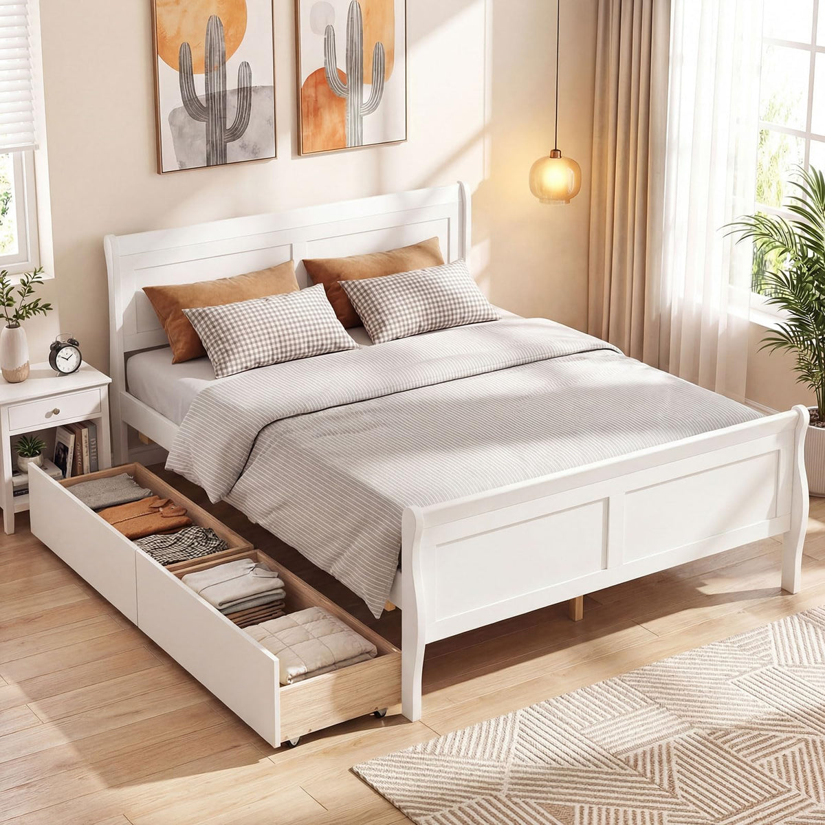 Goflame Twin/ Full/ Queen Bed with 2 Storage Drawers Wood Platform Bed with Headboard & Footboard
