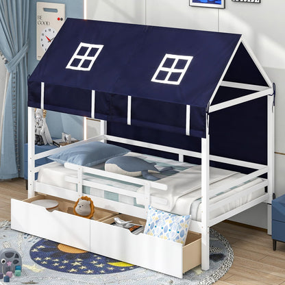Goflame Twin House Bed with Tent, Wood Kids Bed with 2 Storage Drawers, Solid Wood Daybed Frame with Rails and Roof