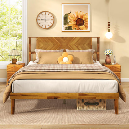 Goflame Queen/Full/Twin Size Acacia Wood Platform Bed Frame Mid-Century Modern Bed Frame with Headboard