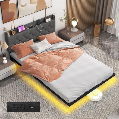 Goflame Queen/Full Size Floating Bed Frame with LED Lights, Modern Platform Bed with Adjustable Upholstered Headboard & Charging Station