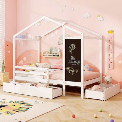 Goflame Twin Bed with 2 Storage Drawers, Solid Wood House Bed with Blackboard & Safety Guardrails
