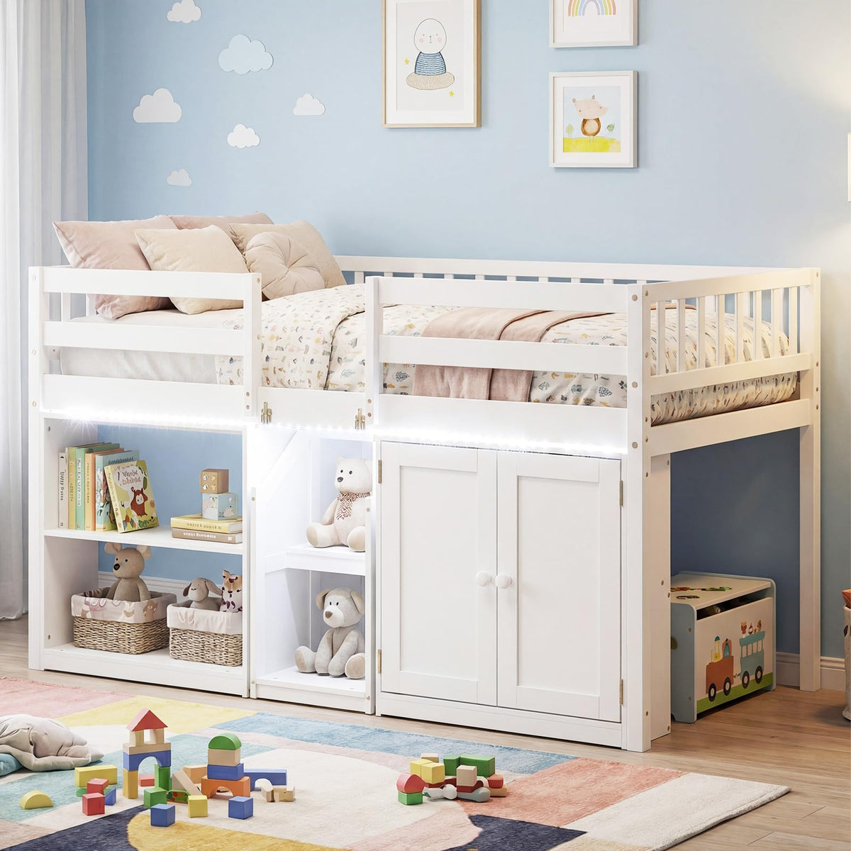 Goflame Low Loft Bed Twin Size with LED Lights, Wooden Bed Frame