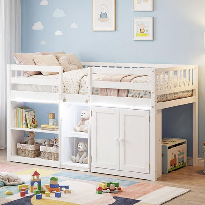 Goflame Low Loft Bed Twin Size with LED Lights, Wooden Bed Frame