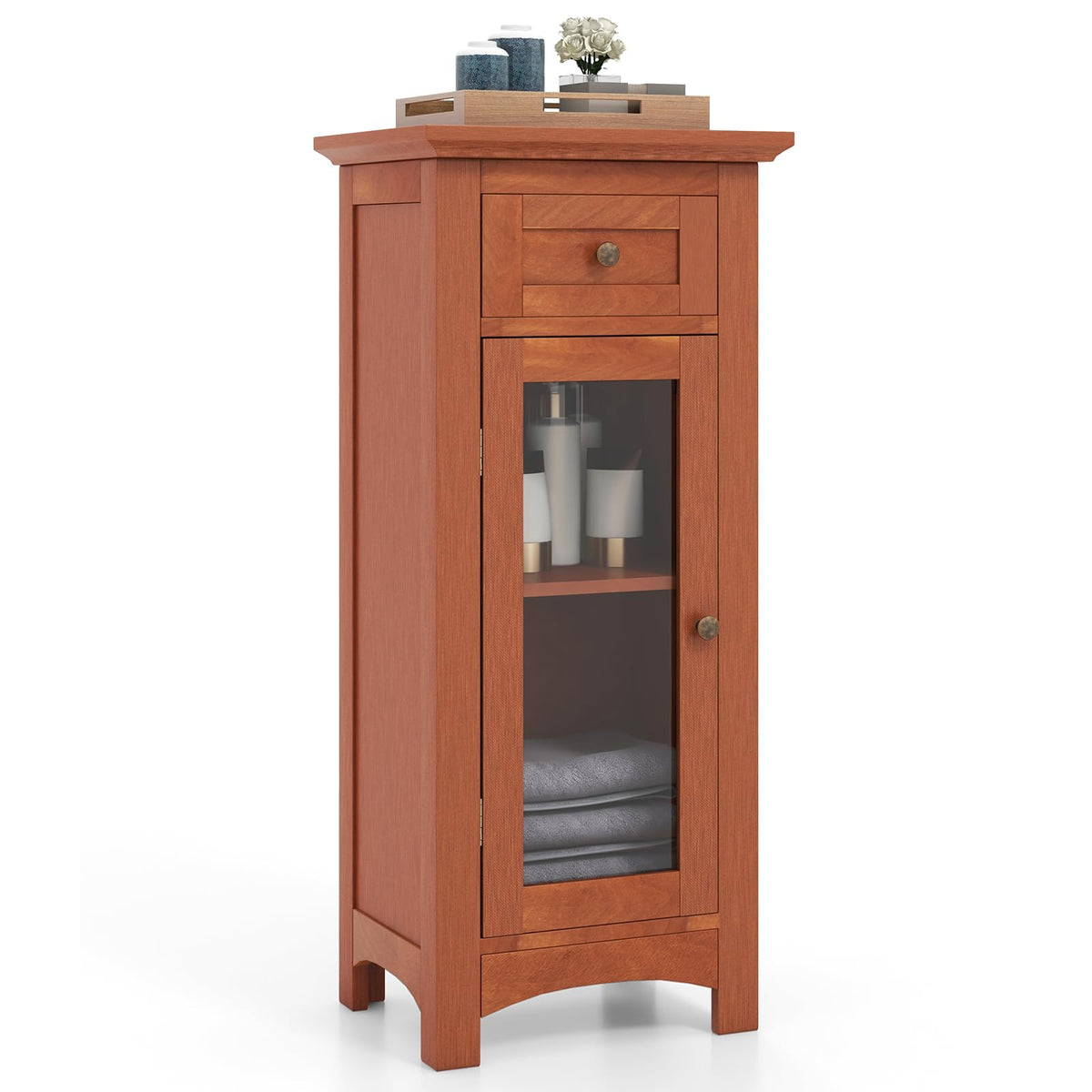 Goflame Small Bathroom Storage Cabinet, Freestanding Narrow Bathroom Cabinet with Single Glass Door, Drawer