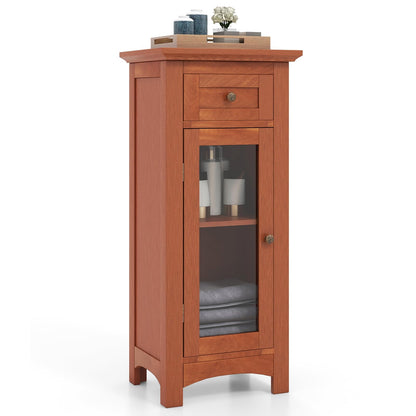 Goflame Small Bathroom Storage Cabinet, Freestanding Narrow Bathroom Cabinet with Single Glass Door, Drawer