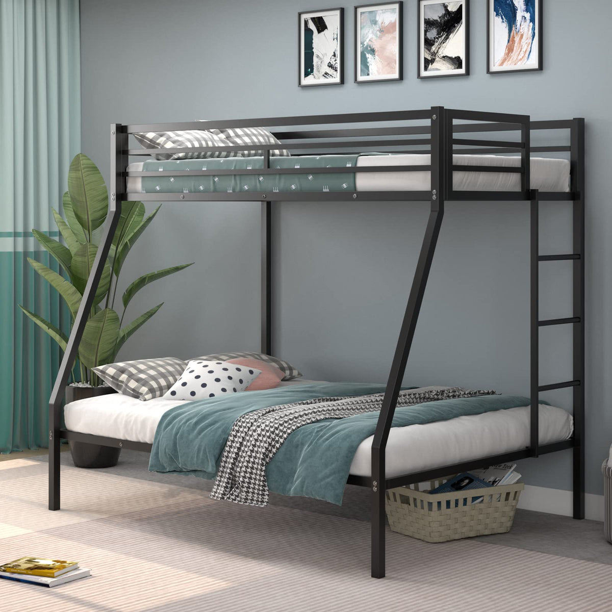 Goflame Metal Bunk Bed, Twin Over Full Size Bed w/ Removable Ladder & Steel Slats Support