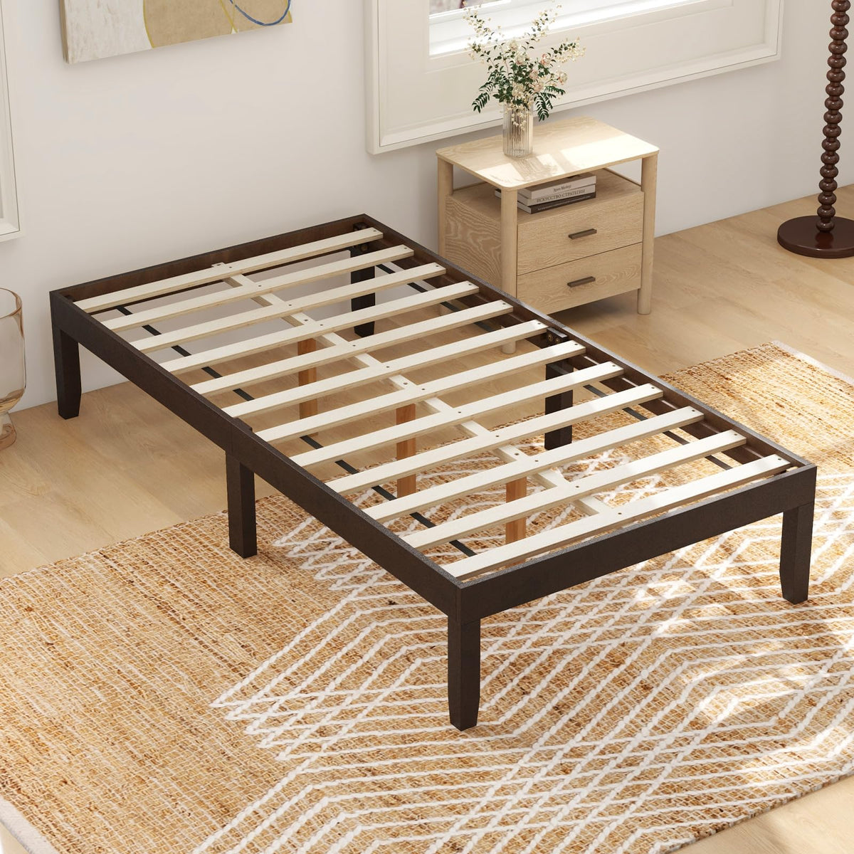 Goflame 14 Inch Twin Wood Platform Bed Frame, Minimalist Twin Bed Frame with Wooden Slats Support & Rubber Wood Legs