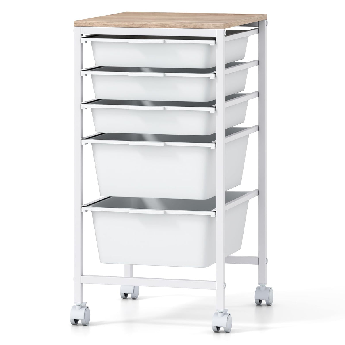 Goflame 5-Drawer Rolling Storage Cart Mobile Utility Organizer with Wooden Tabletop and Lockable Wheels