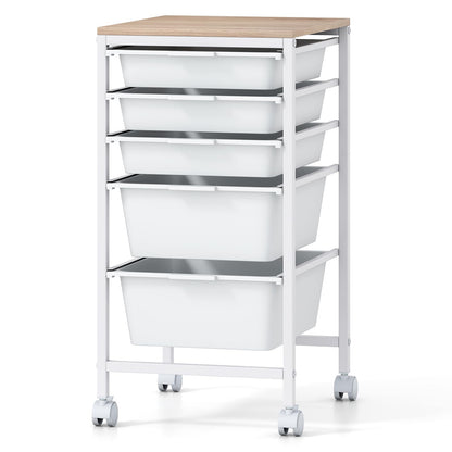 Goflame 5-Drawer Rolling Storage Cart Mobile Utility Organizer with Wooden Tabletop and Lockable Wheels