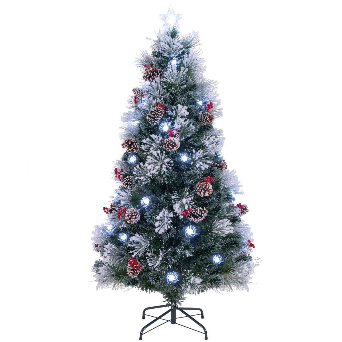 Goflame Pre-lit Fiber Optic Christmas Tree, Artificial Snowy Xmas Tree with 49 Cool White LED Lights
