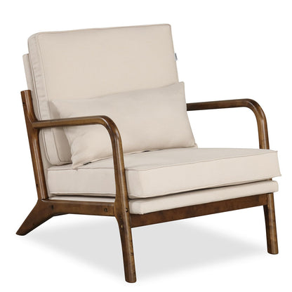 Goflame Mid Century Modern Accent Chair, Upholstered Armchair with Pillow, Rubber Wood Armrests & Legs