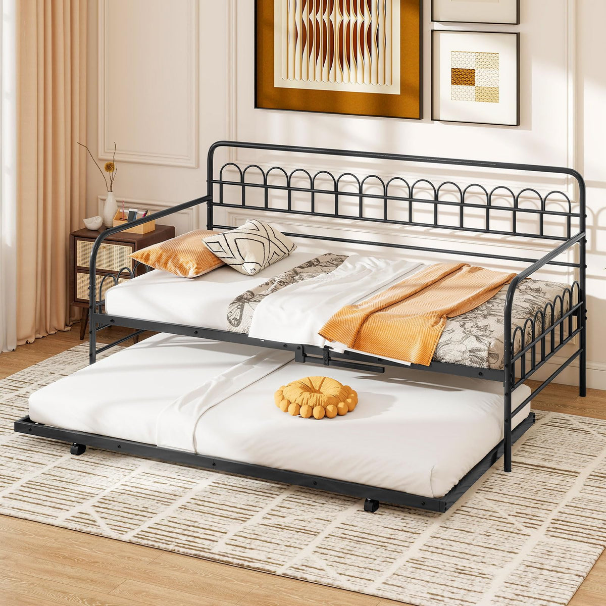 Goflame Twin Daybed with Trundle with Heavy-Duty Metal Slats