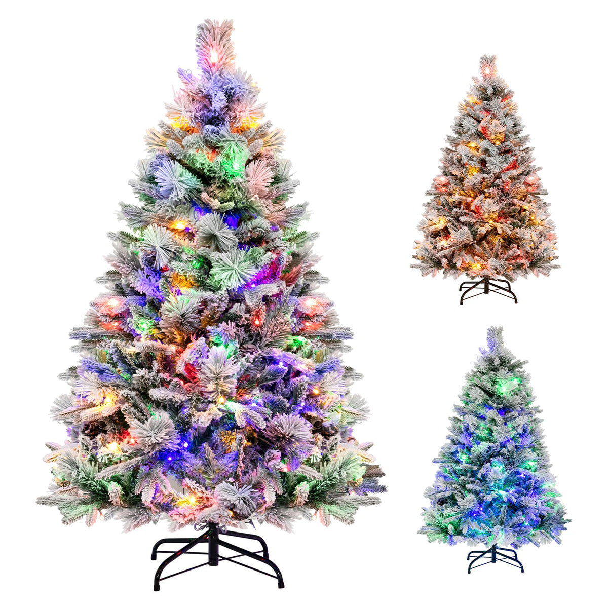 Goflame Pre-Lit Snow Flocked Christmas Tree, Artificial Hinged Xmas Tree with 160 Multi-Color LED Lights