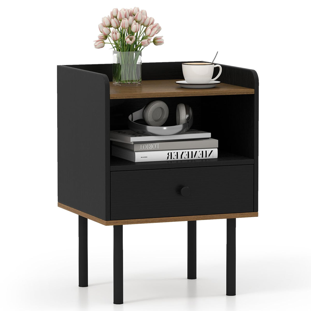 Goflame Wood Night Stand with Drawer - Mid Century Modern Bedside Table